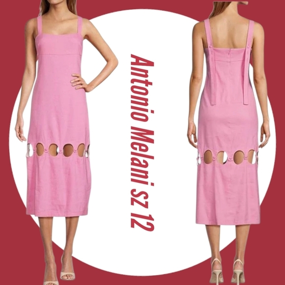 NWT Antonio Melani Dress Linen Blend Square Neck Cut Out Sheath Pink Midi Sz 12 - Picture 1 of 12